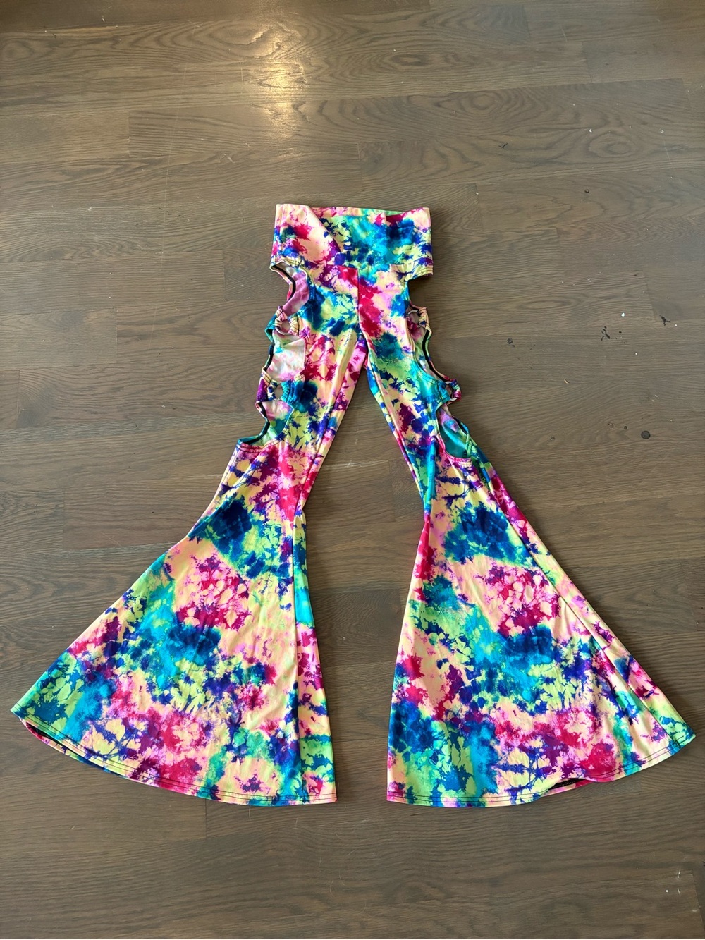 Neon Rainbow Splash UV reactive bell bottom flare pants  with cutouts